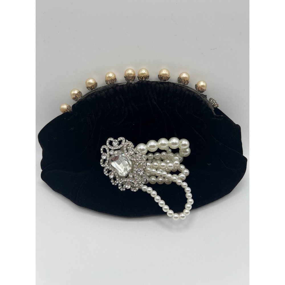 Magid Vintage Velvet Clutch Purse Faux Pearl Bracelet Regency Coquette Black